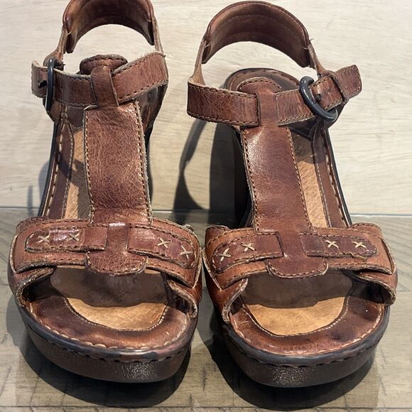 BORN Leather Sandals Heels Strappy Platform BOHO Brown Womens Size 7 buckle leat - Picture 2 of 9